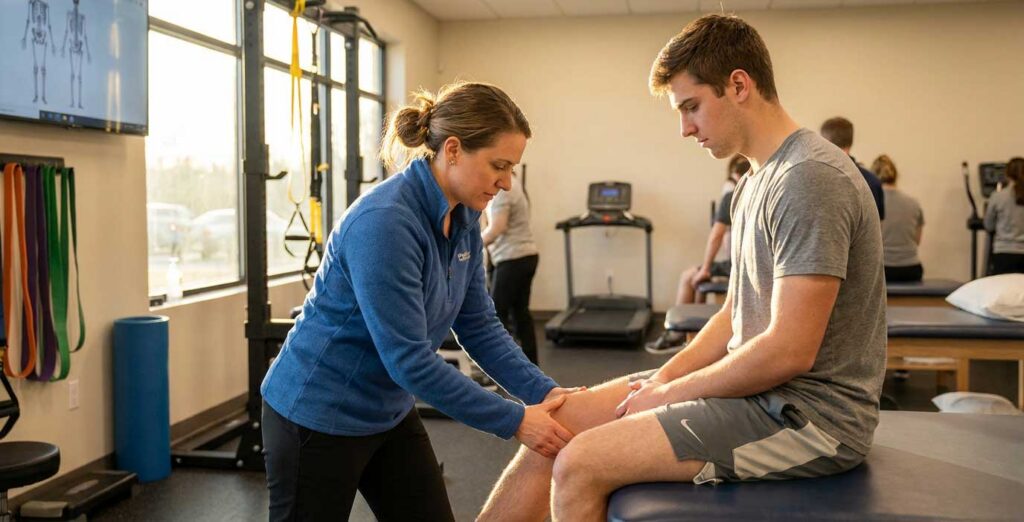 a soccer player having their knee checked by a PT at a clinic