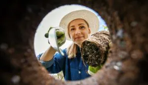 female gardener planting a flower in the garden soil hole. view from underground