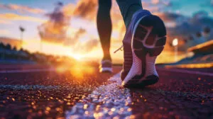 Close-up on a Runner's Shoes at Dusk on a Track Field with Drama
