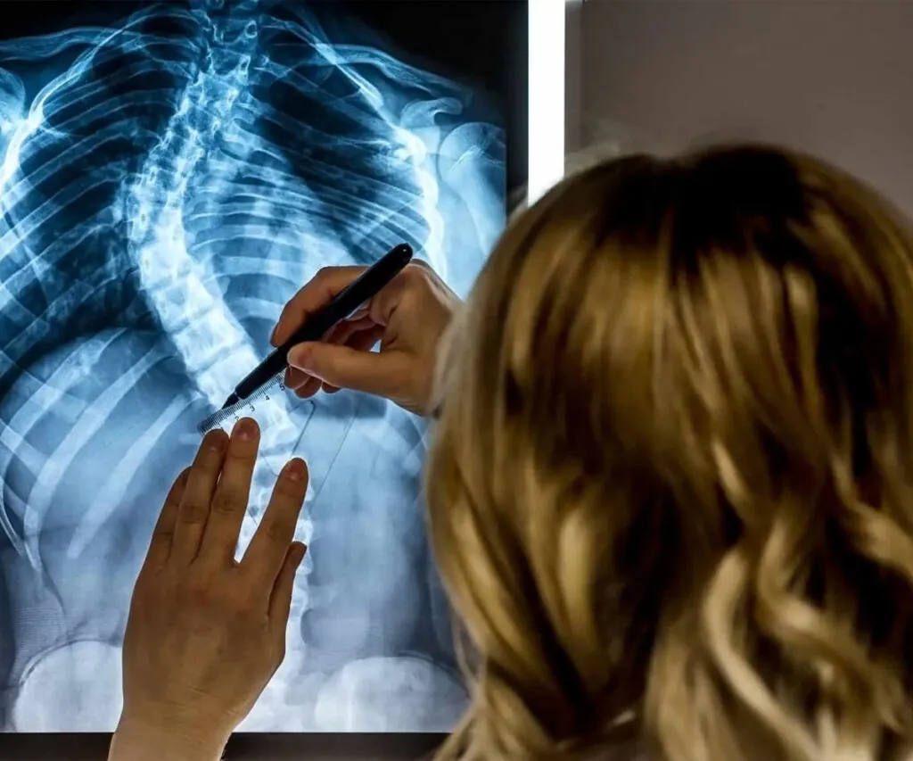 a doctor examining an x-ray print out of a spine suffering from scoliosis