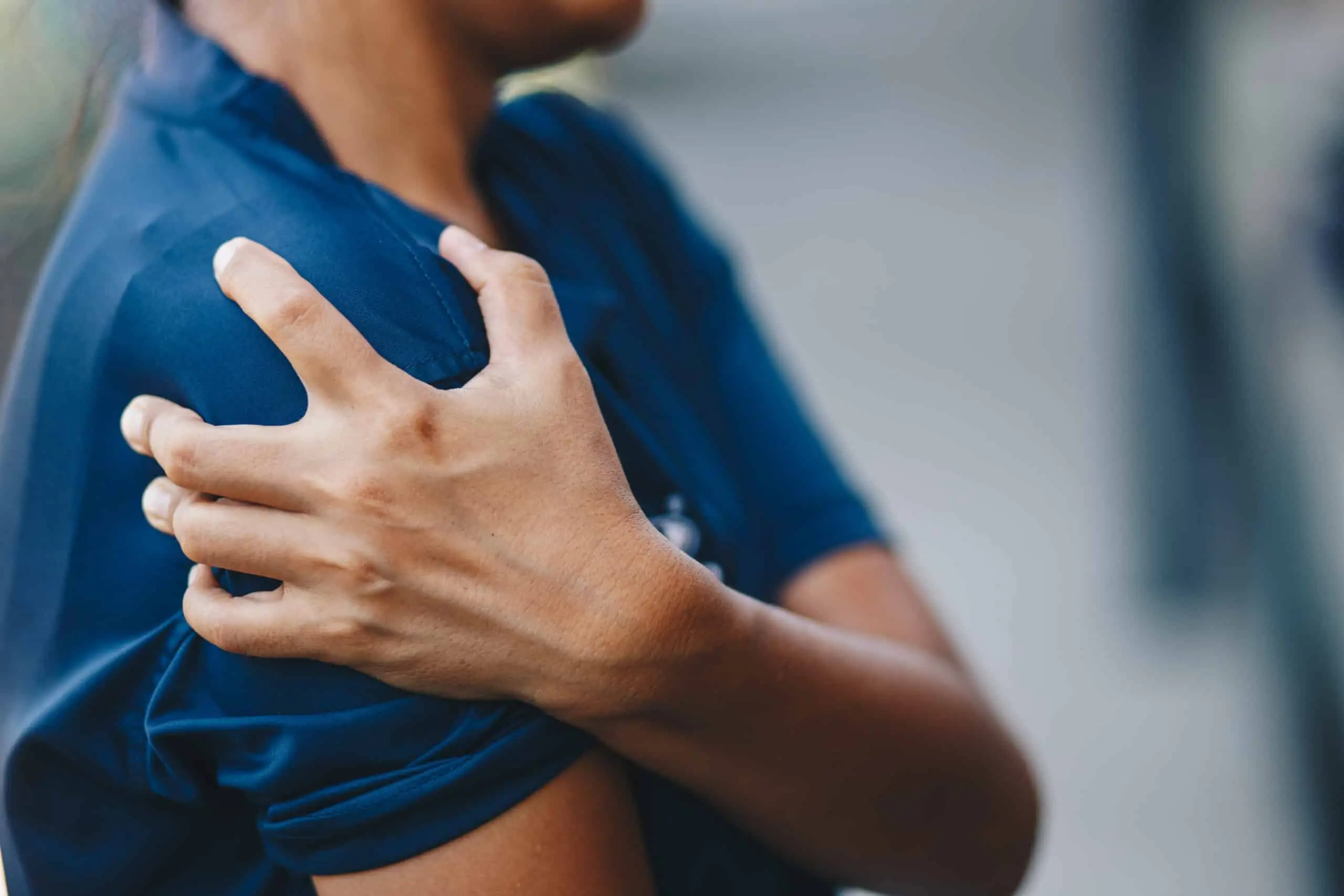 Shoulder Injuries , young woman with pain in shoulder, Ache in human body , office syndrome , health care concept