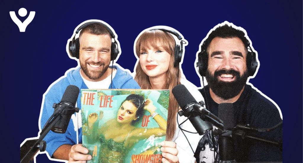 Travis Kelce, Taylor Swift and Jason Kelce from New Heights podcast