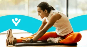 stretching for exercise with a stylish green wave and Confluent Health logo in the background