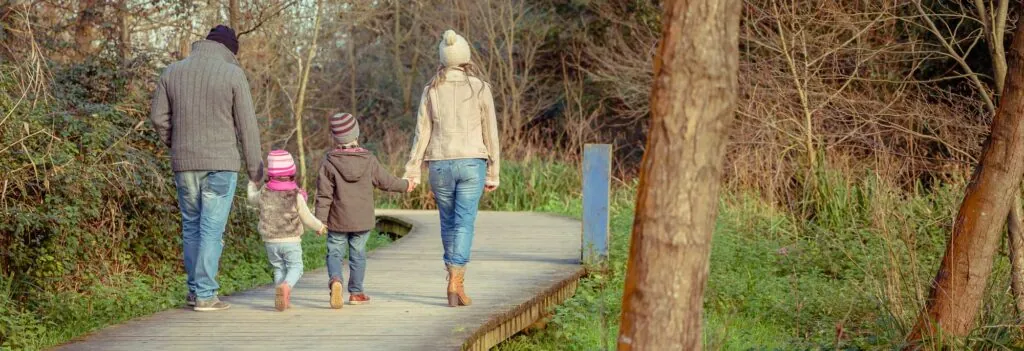 Family walking together holding hands in the forest