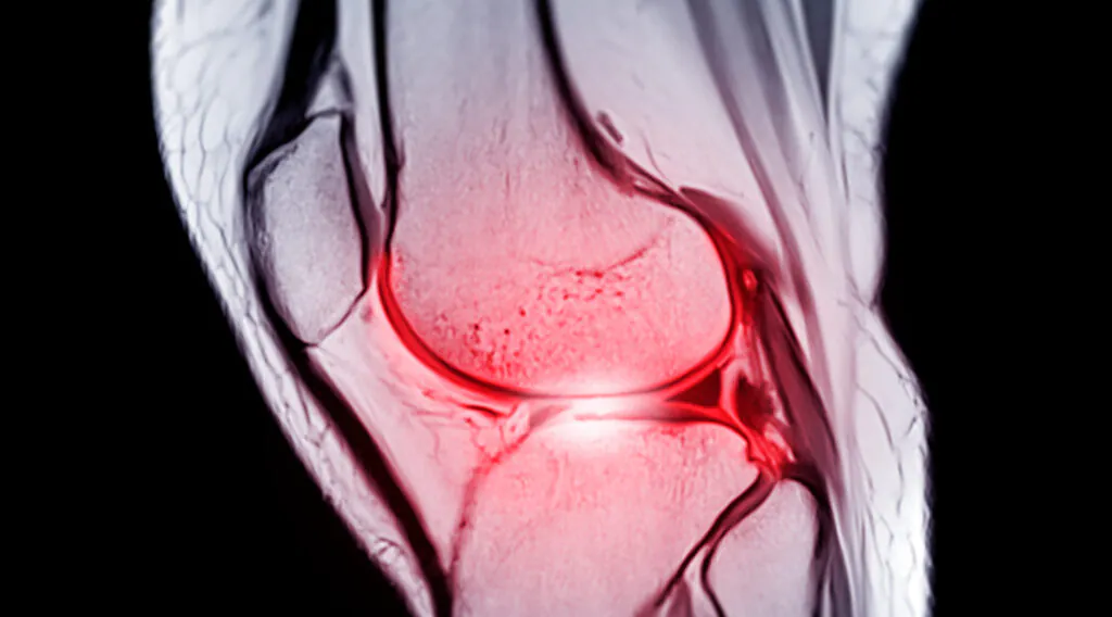 Magnetic resonance imaging or MRI knee sagittal PDW and TIW view for detect tear or sprain of the anterior cruciate ligament (ACL).