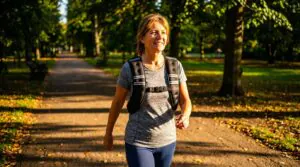 middle aged woman walking with a weighed vest. walking down a pathway in a park.