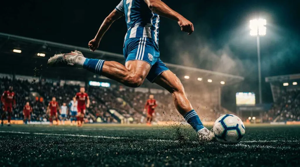 a pictured of a soccer player kicking a ball, action shot with dramatic lighting