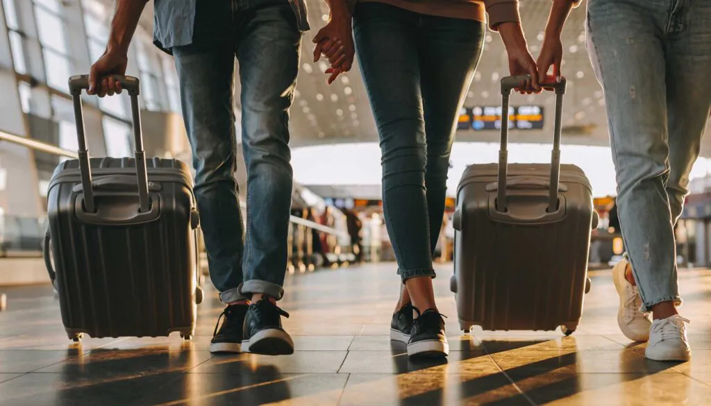 Three people walking with luggage in an airport terminal.
