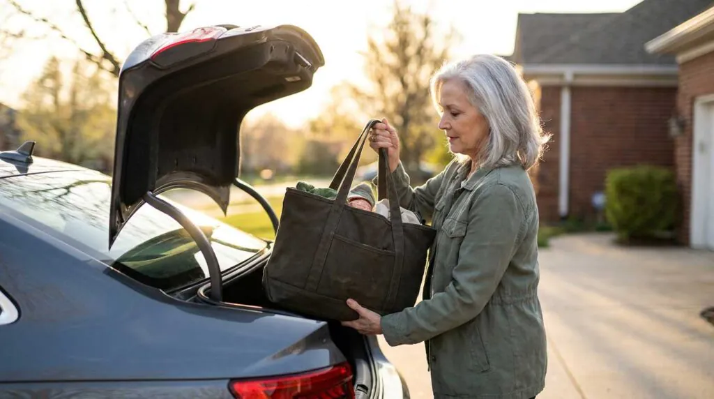 A grandmother staying active and carrying groceries from the trunk of her car