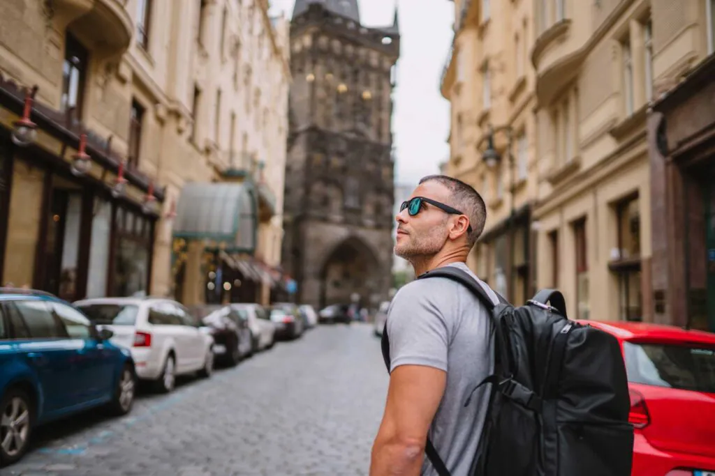 Back view of Man tourist sightseeing and traveling lifestyle.