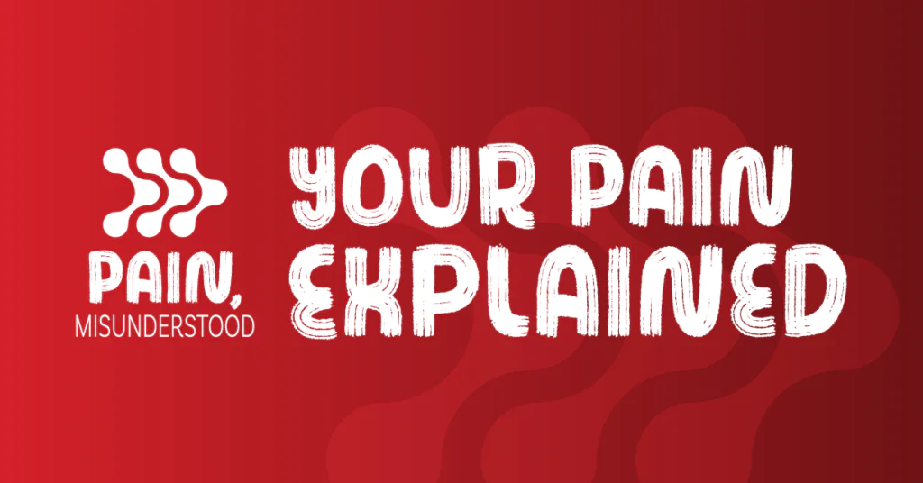 A red graphic with white text that reads 'YOUR PAIN EXPLAINED' and 'PAIN, MISUNDERSTOOD'. A white logo of three connected, rounded arrow-like shapes is in the top left.