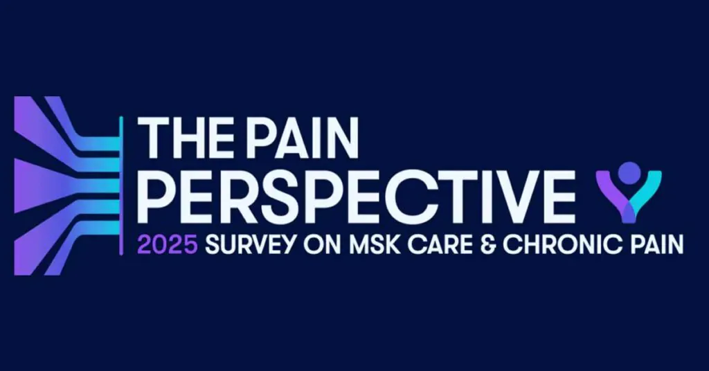 Logo for 'The Pain Perspective 2025 Survey on MSK Care & Chronic Pain' with a stylized data flow graphic and a human figure icon.