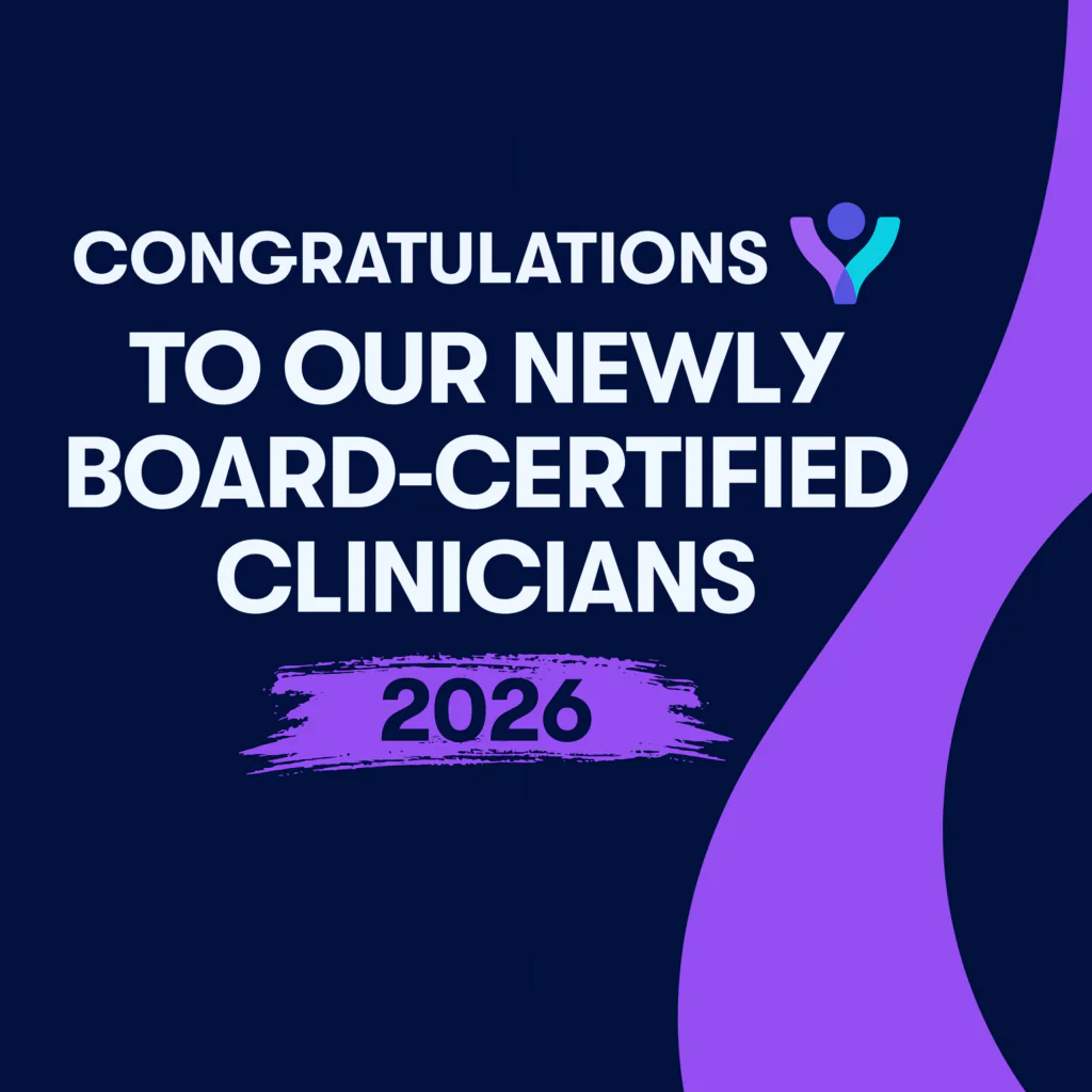 A dark blue graphic with white text that reads: 'CONGRATULATIONS TO OUR NEWLY BOARD-CERTIFIED CLINICIANS 2026'. A stylized logo is in the top right, and a curved purple shape is on the right side.
