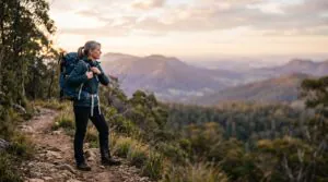 A woman with a backpack stands on a rocky mountain trail, gazing at a panoramic view of forested hills and mountains under a soft, cloudy sky.