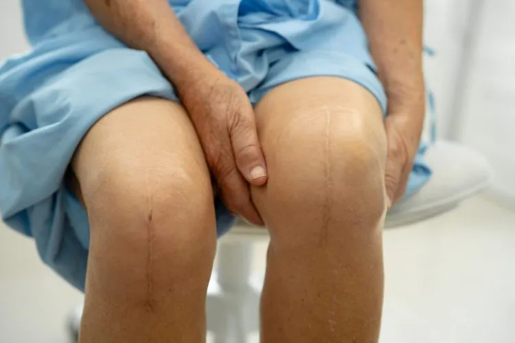 Asian elderly woman patient show her scars surgical total knee joint replacement Suture wound surgery arthroplasty on bed in hospital.