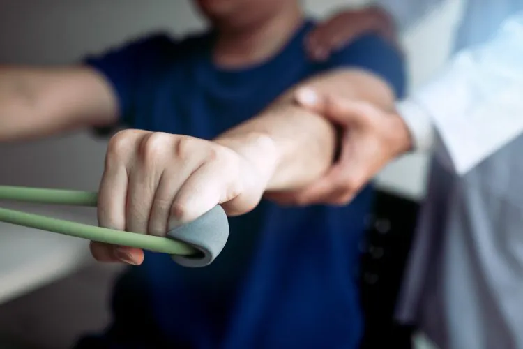 Close-up of a patient's hand holding a green resistance band, while a therapist's hand supports their arm during exercise.